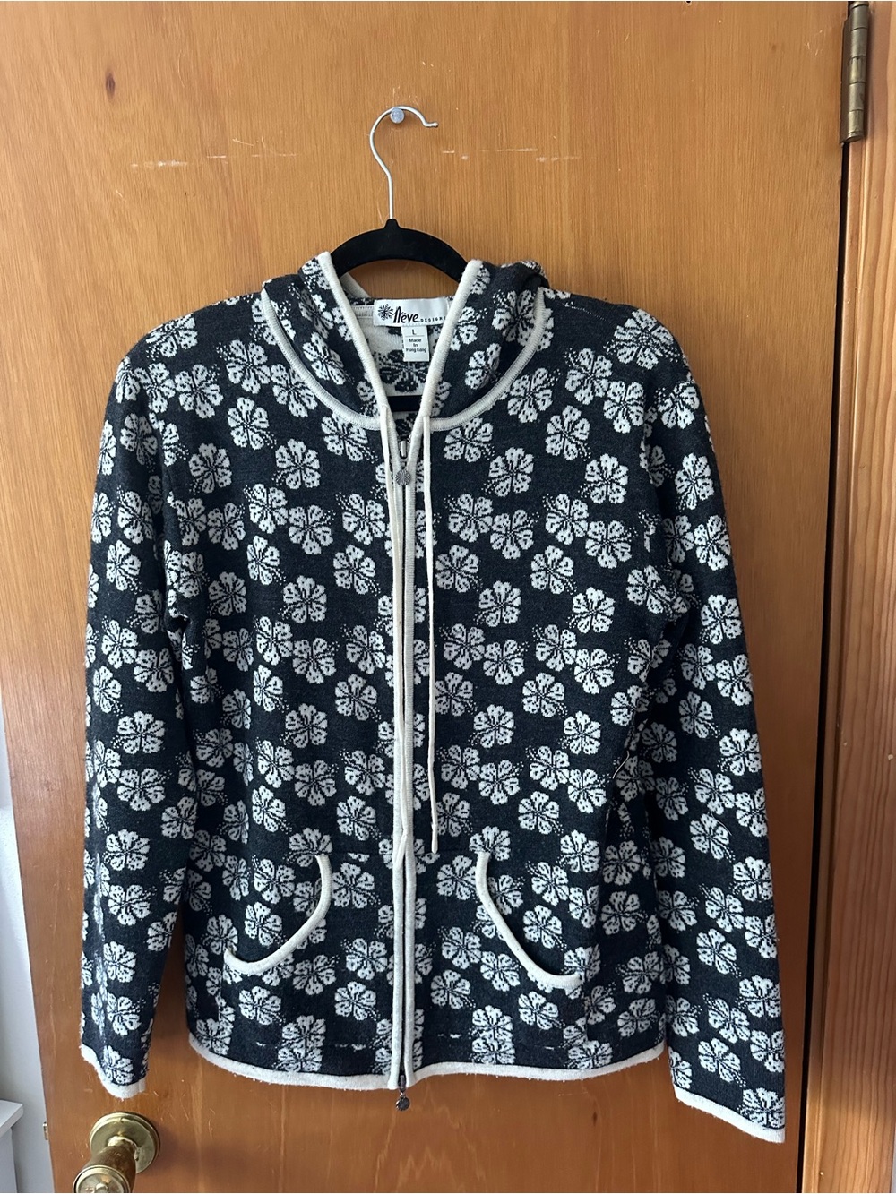 Neve Designs Charcoal Black White Merino Wool Floral Full Zip Hoodie L - Picture 6 of 10
